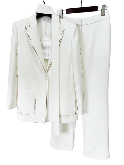 Beading Belted Single Button Blazer Pants Set