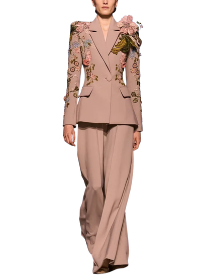 Flowers Beaded Blazer Wide Leg Pants Set