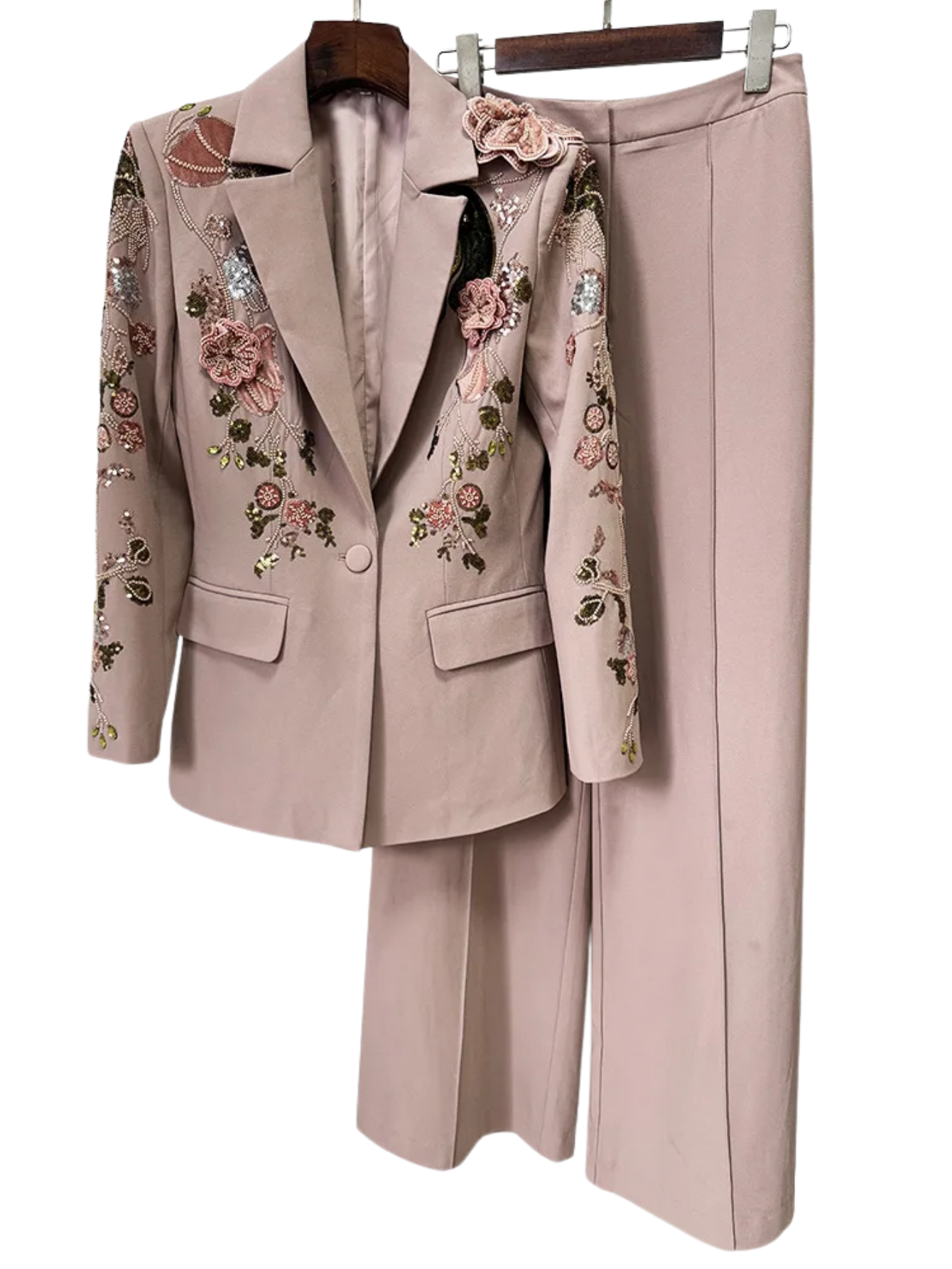 Flowers Beaded Blazer Wide Leg Pants Set