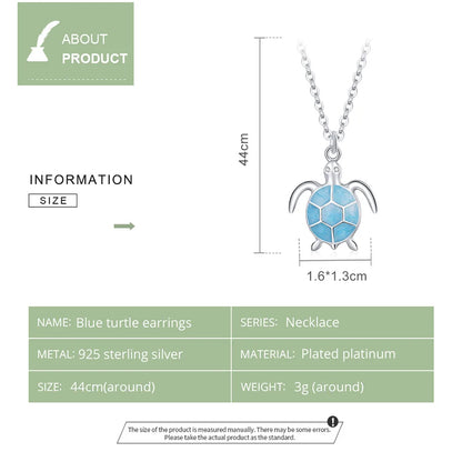 Silver Sky Blue Enamel Turtle Pendant Necklace