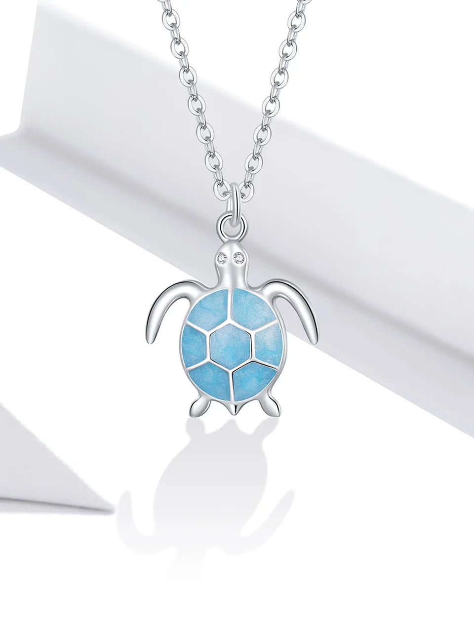 Silver Sky Blue Enamel Turtle Pendant Necklace