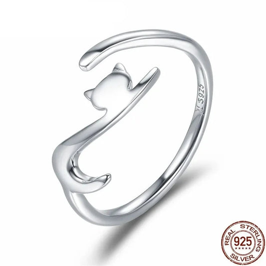 Silver Sticky Cat with Long Tail Finger Ring