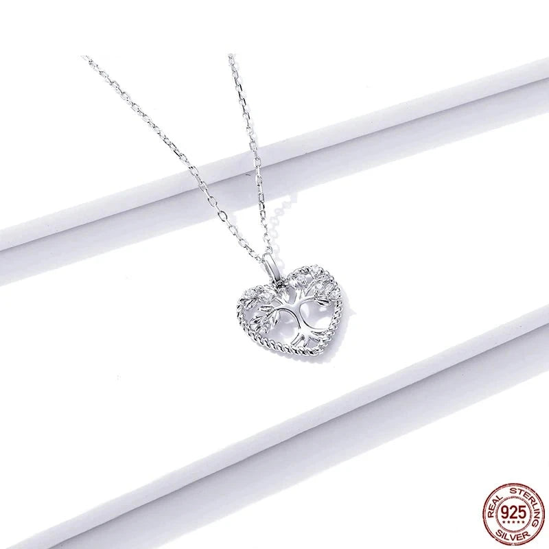 Silver Radiant Clear Tree of Life Heart Necklace