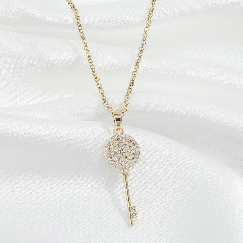 Personality Key Shape Zircon Pendant Necklaces