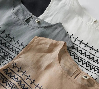 Embroidery Striped Round-Neck Linen