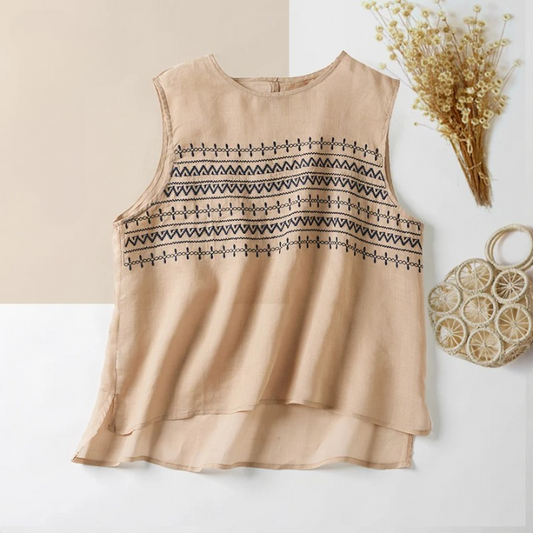 Embroidery Striped Round-Neck Linen