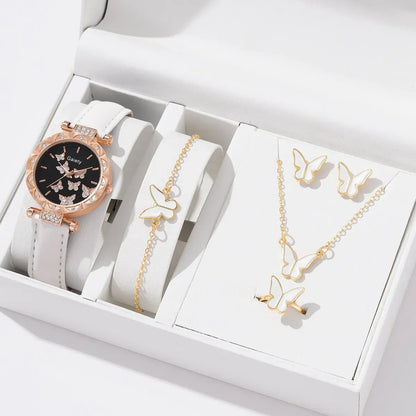 Set Watch Butterfly Leather Strap Lady