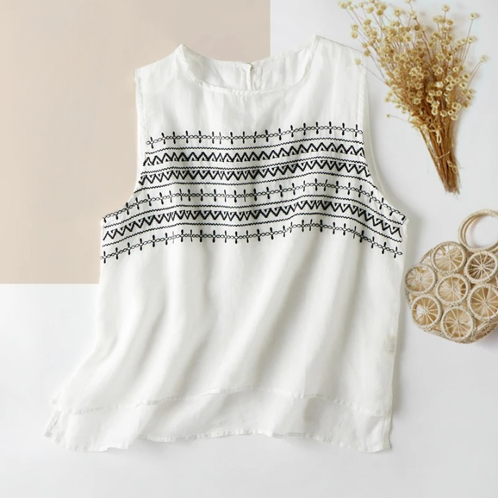 Embroidery Striped Round-Neck Linen