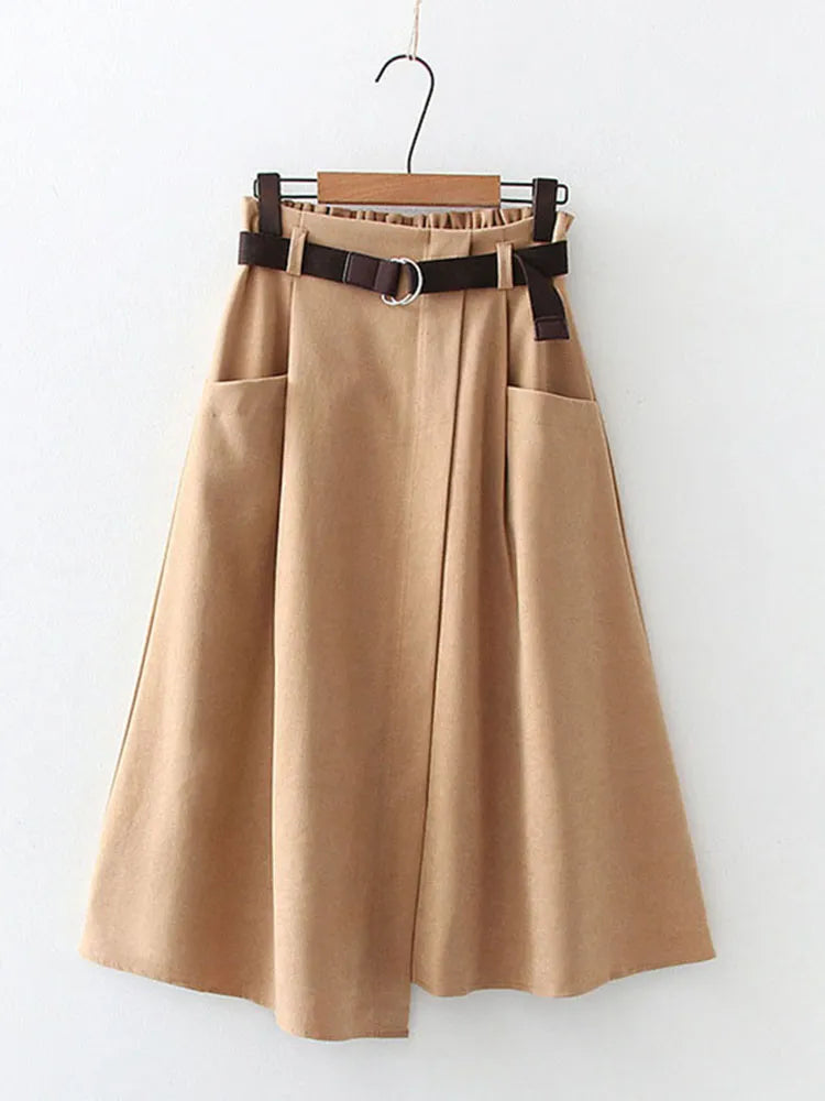 High Waist Irregular Pockets Midi Skirts