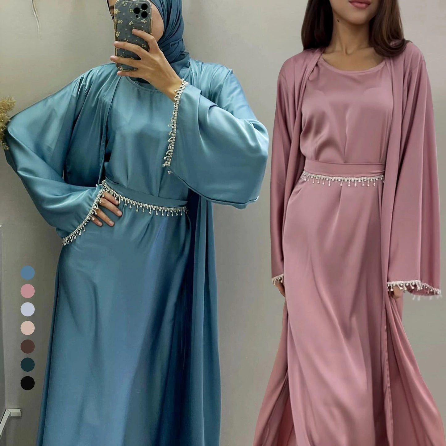 Satin Open Abaya Beads