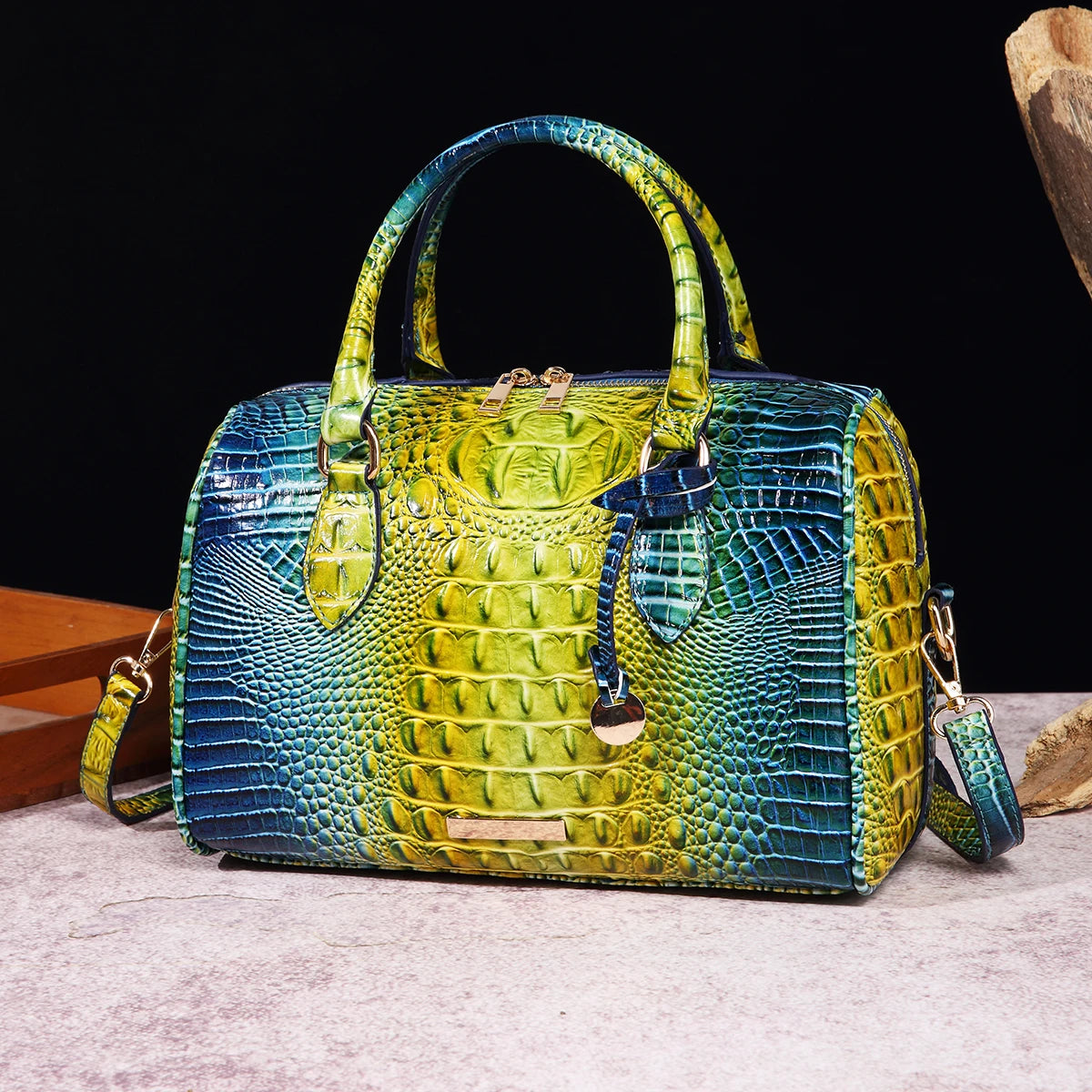 Ombre Crocodile Embossed Boston Handbag