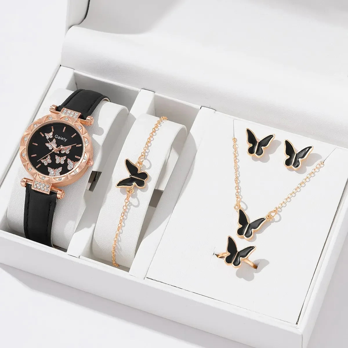 Set Watch Butterfly Leather Strap Lady