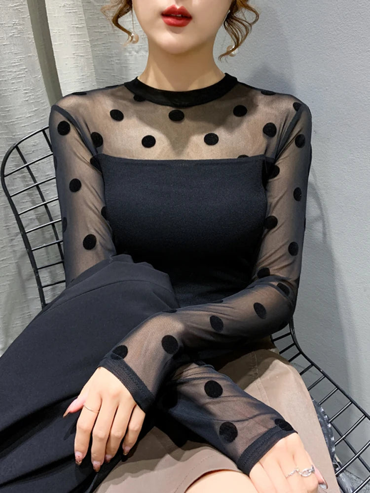 Long Sleeve Polka Dot Shirt Round Neck