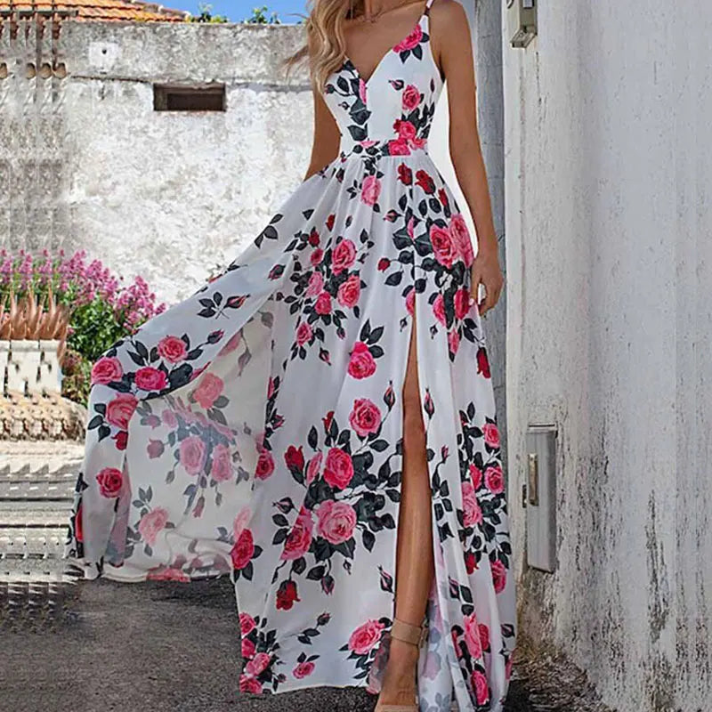 Fashionable V-Neck Printed Dress