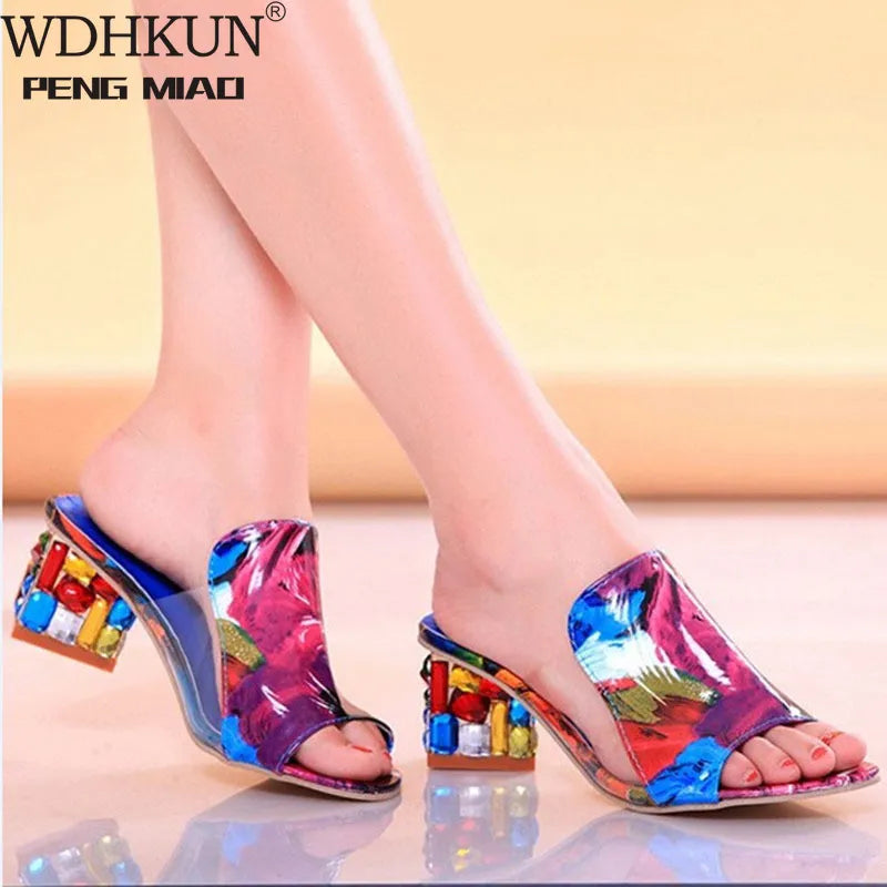 Crystal Sandals ladies open toe Sandals square heels spring summer shoes sandals women footwear sandalia feminina