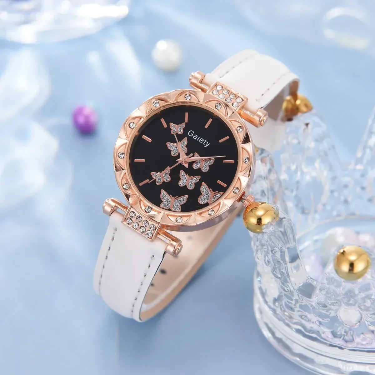 Set Watch Butterfly Leather Strap Lady