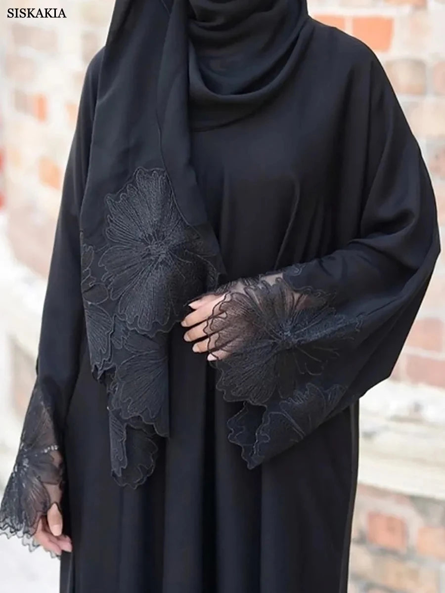 Lace Floral Long Abaya With scarf