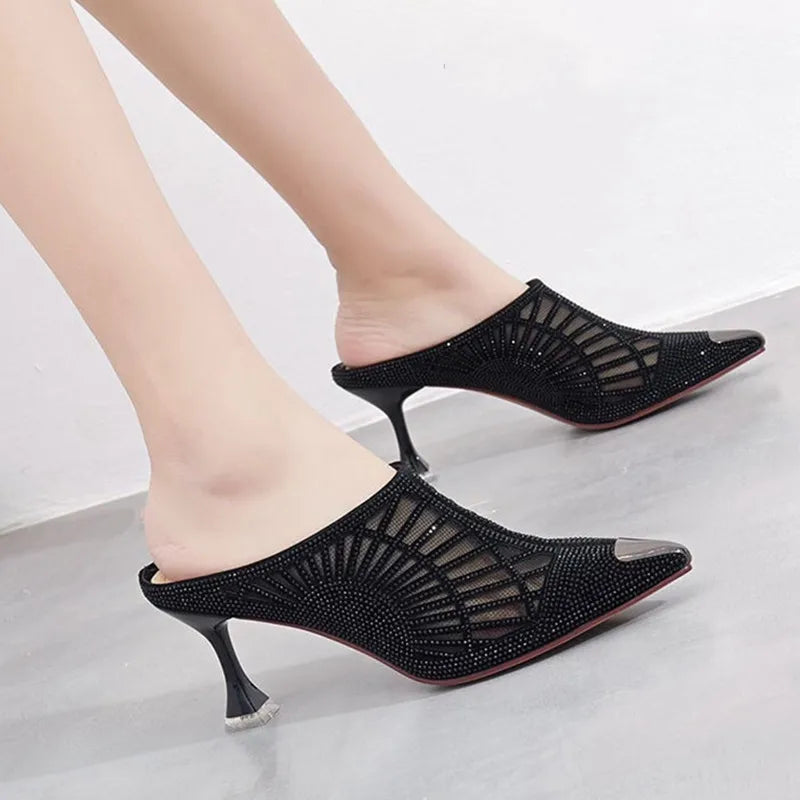 Summer Elegant Half Slipper Women Mules Rhinestone Pointed Toe Mesh High Heels Sandals Comfortable Mid Heel Women's Footwear