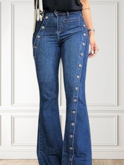 Women Fashion Plain Button Decor Flare Leg Long Denim Pants Flare Jeans Jeans Ladies High Waist Skinny bottom Wide Leg  Jeans