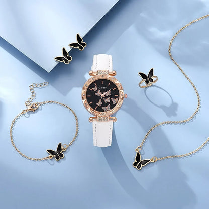 Set Watch Butterfly Leather Strap Lady