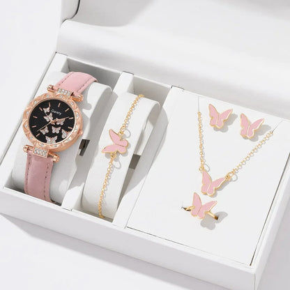 Set Watch Butterfly Leather Strap Lady