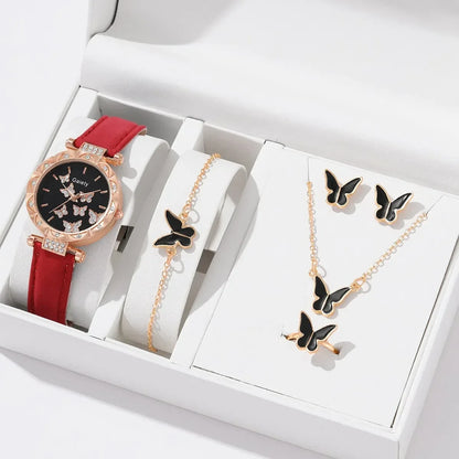 Set Watch Butterfly Leather Strap Lady