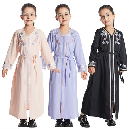 Kids Girls Zipper Front Open Abaya