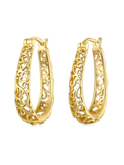 18K Gold Plated Filigree Hoop Earrings