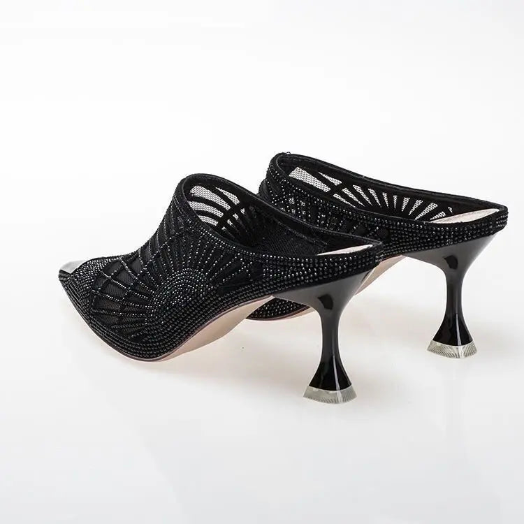 Summer Elegant Half Slipper Women Mules Rhinestone Pointed Toe Mesh High Heels Sandals Comfortable Mid Heel Women's Footwear