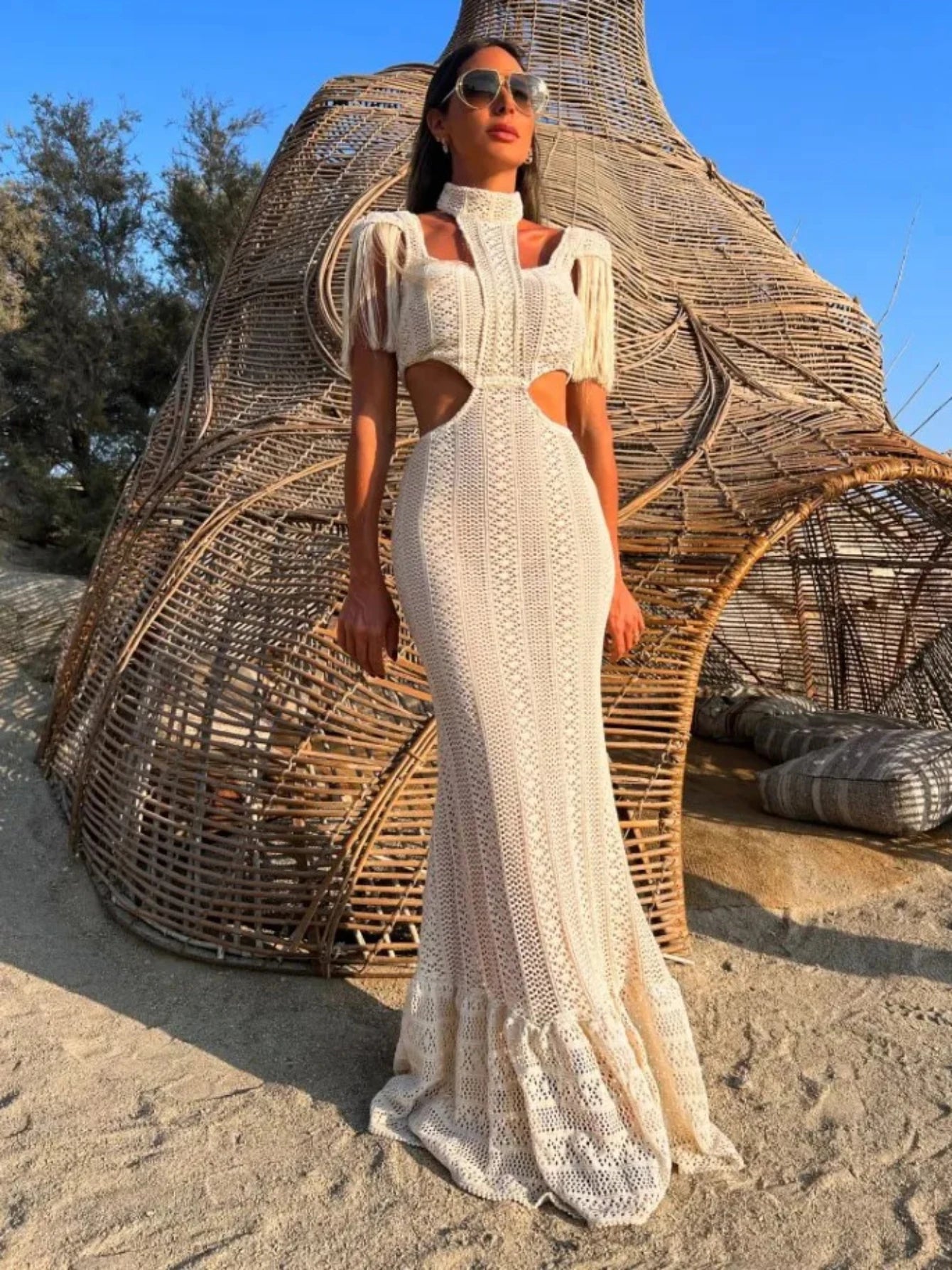 Sexy White Lace Women Dress Turtleneck Tassel Sleeve Slim Naked Waist Hollow Out Long Dress Summer Beach Female Knit Robe