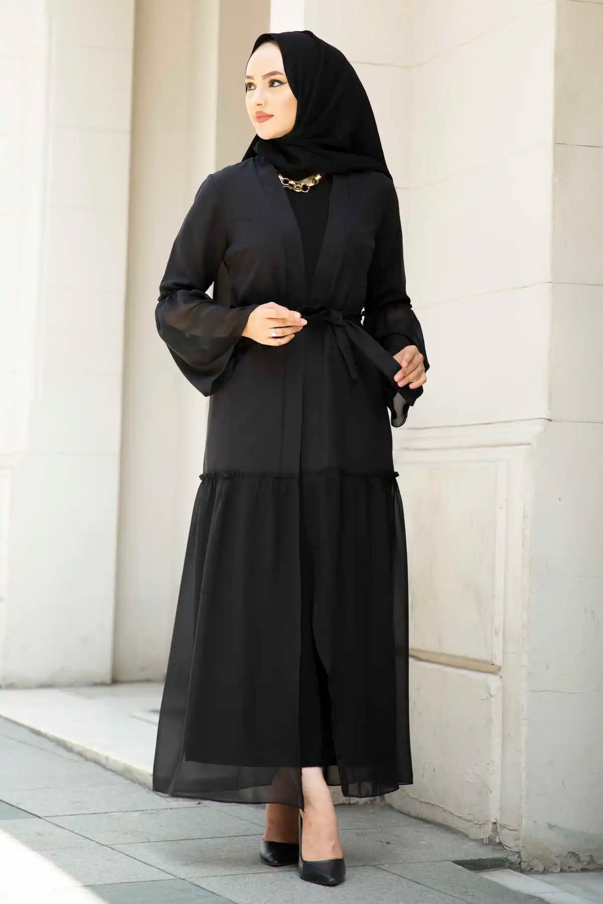 Skirt Chiffon Detaylı Abaya Black