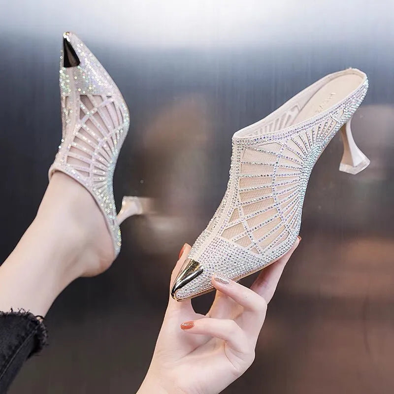 Summer Elegant Half Slipper Women Mules Rhinestone Pointed Toe Mesh High Heels Sandals Comfortable Mid Heel Women's Footwear