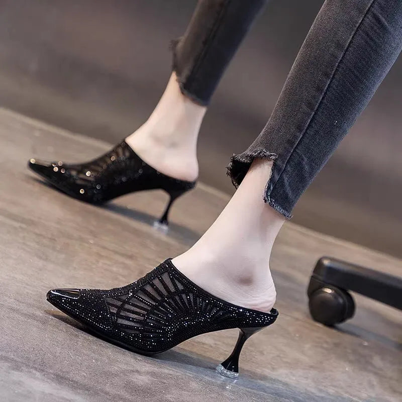 Summer Elegant Half Slipper Women Mules Rhinestone Pointed Toe Mesh High Heels Sandals Comfortable Mid Heel Women's Footwear