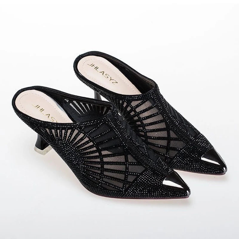 Summer Elegant Half Slipper Women Mules Rhinestone Pointed Toe Mesh High Heels Sandals Comfortable Mid Heel Women's Footwear