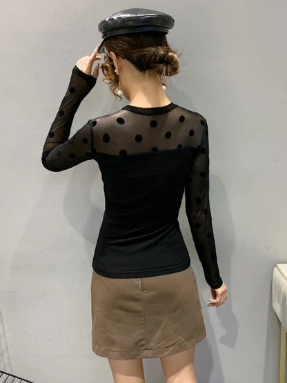 Long Sleeve Polka Dot Shirt Round Neck