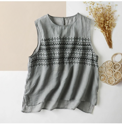 Embroidery Striped Round-Neck Linen