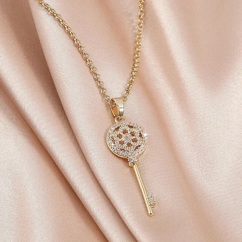 Personality Key Shape Zircon Pendant Necklaces