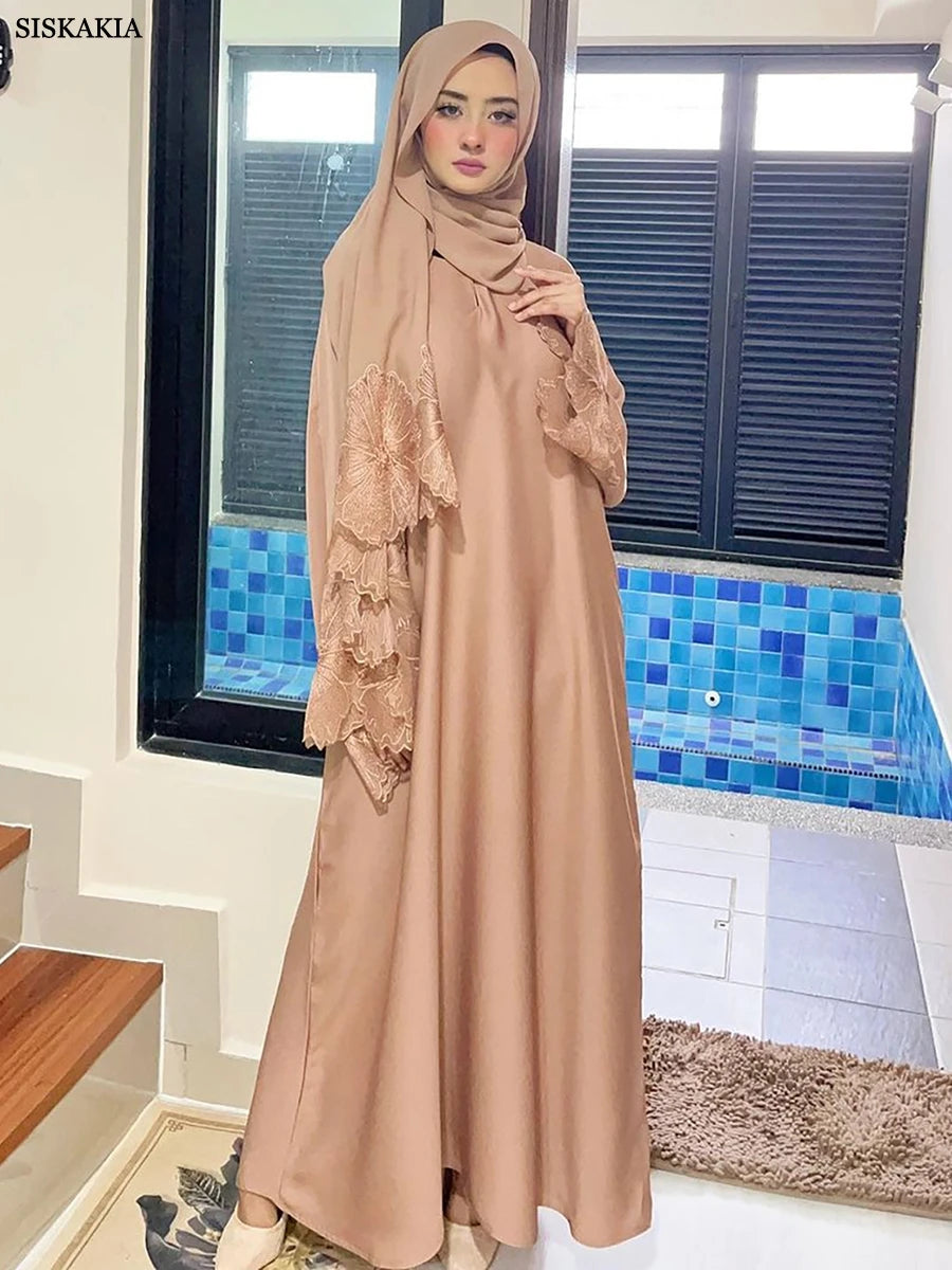 Lace Floral Long Abaya With scarf