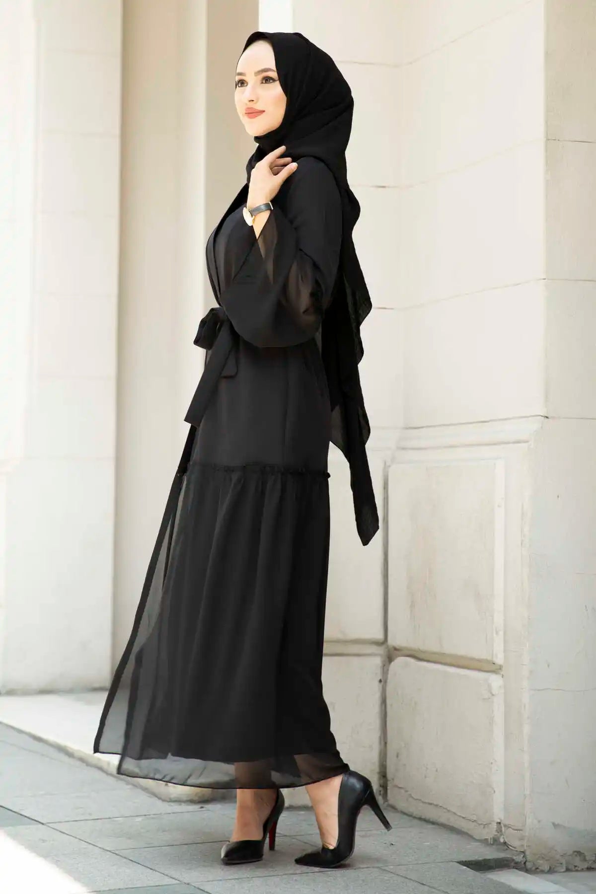 Skirt Chiffon Detaylı Abaya Black