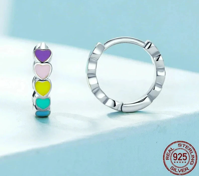 Silver Women Multicolor Enamel Heart Hoop Earrings Rainbow