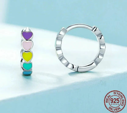 Silver Women Multicolor Enamel Heart Hoop Earrings Rainbow