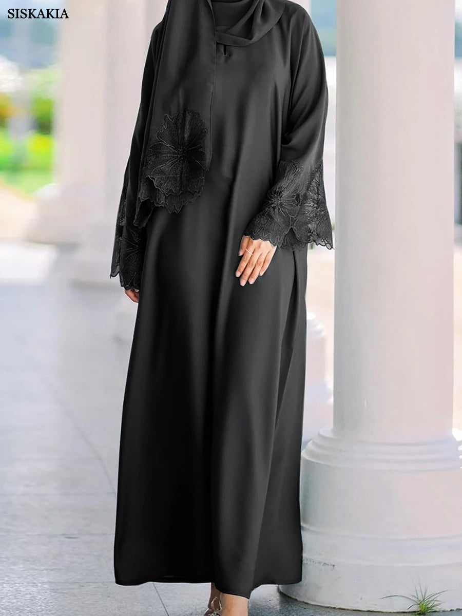 Lace Floral Long Abaya With scarf